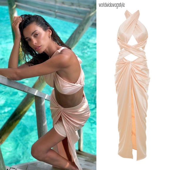House of CB Dresses & Skirts - House of CB ‘Cesare’ Blush Satin Grecian Halter Wrap Maxi Dress